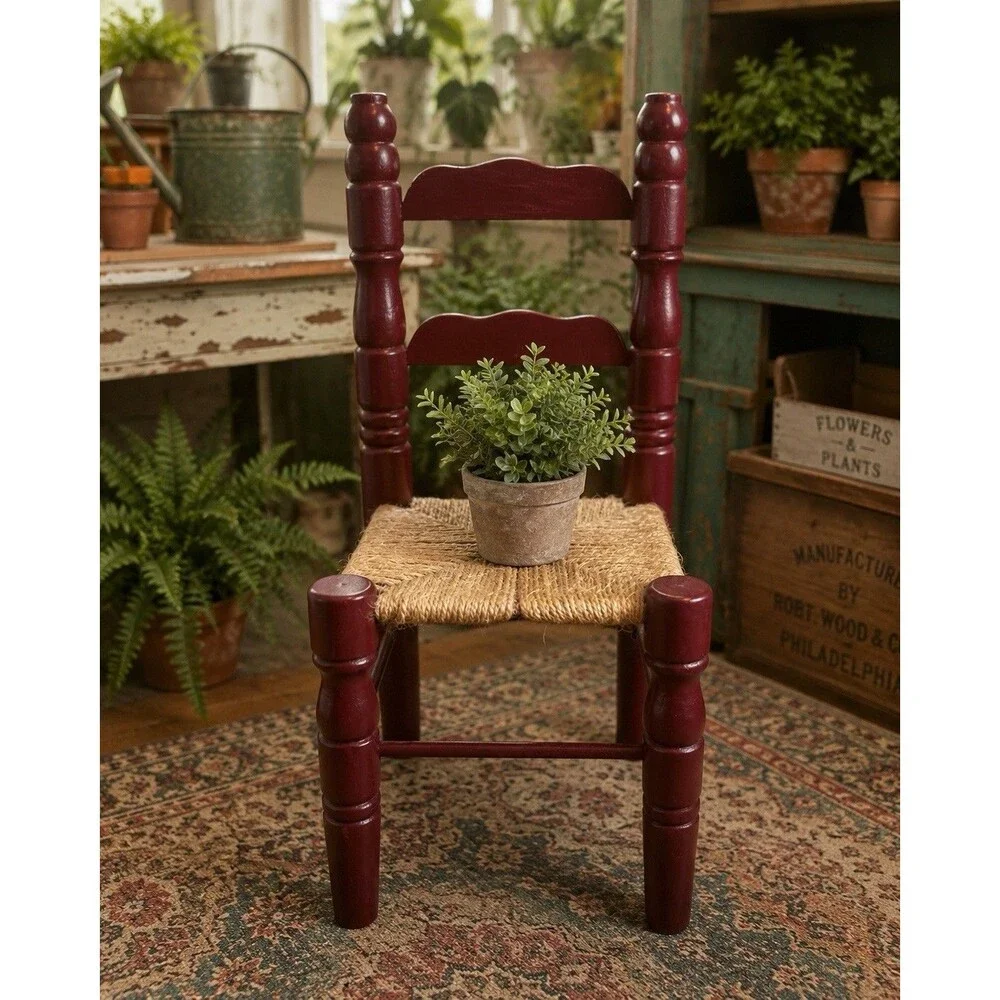 Vintage Miniature Doll Chair Jute Seat Wood 12” Doll Display Plant Stand Decor